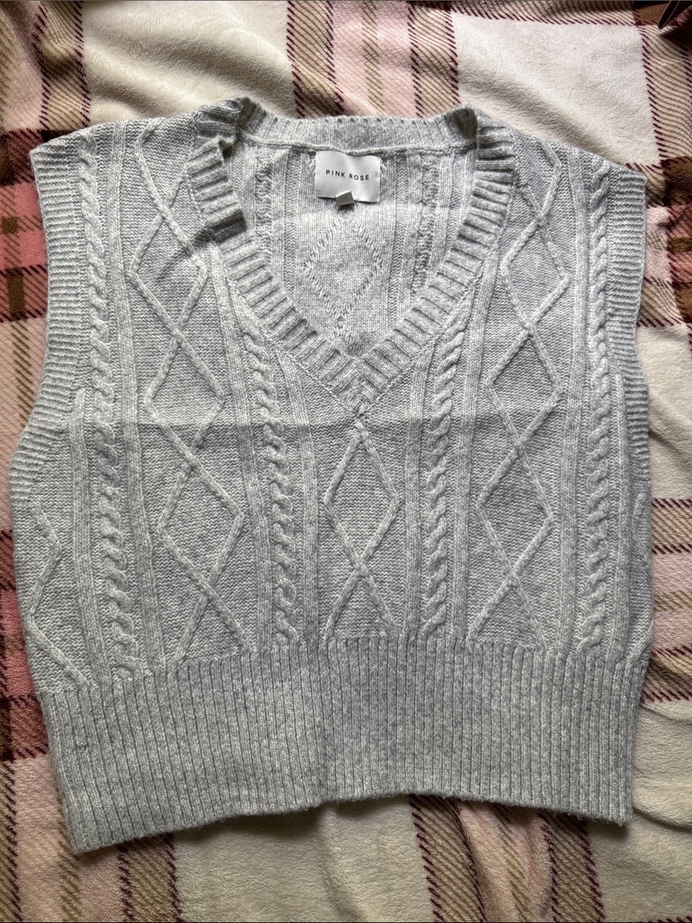 Pink Rose Light Gray Cable Knit V-Neck Sweater Vest